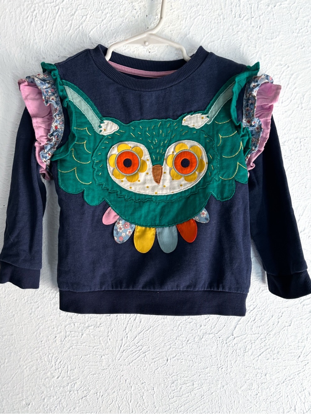 Mini Boden Owl Appliqué Ruffle Sweatshirt Girls 2-3Y Navy Blue Cotton